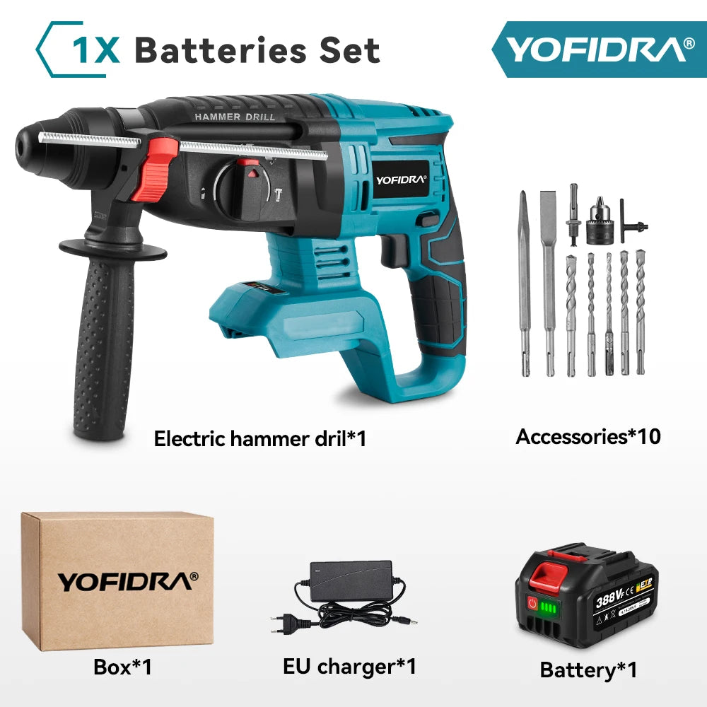 YOFIDRA 26mm Martello rotante elettrico senza spazzole Cordless Multifunzionale Trapano a percussione Utensili elettrici per Makita Batteria Pin