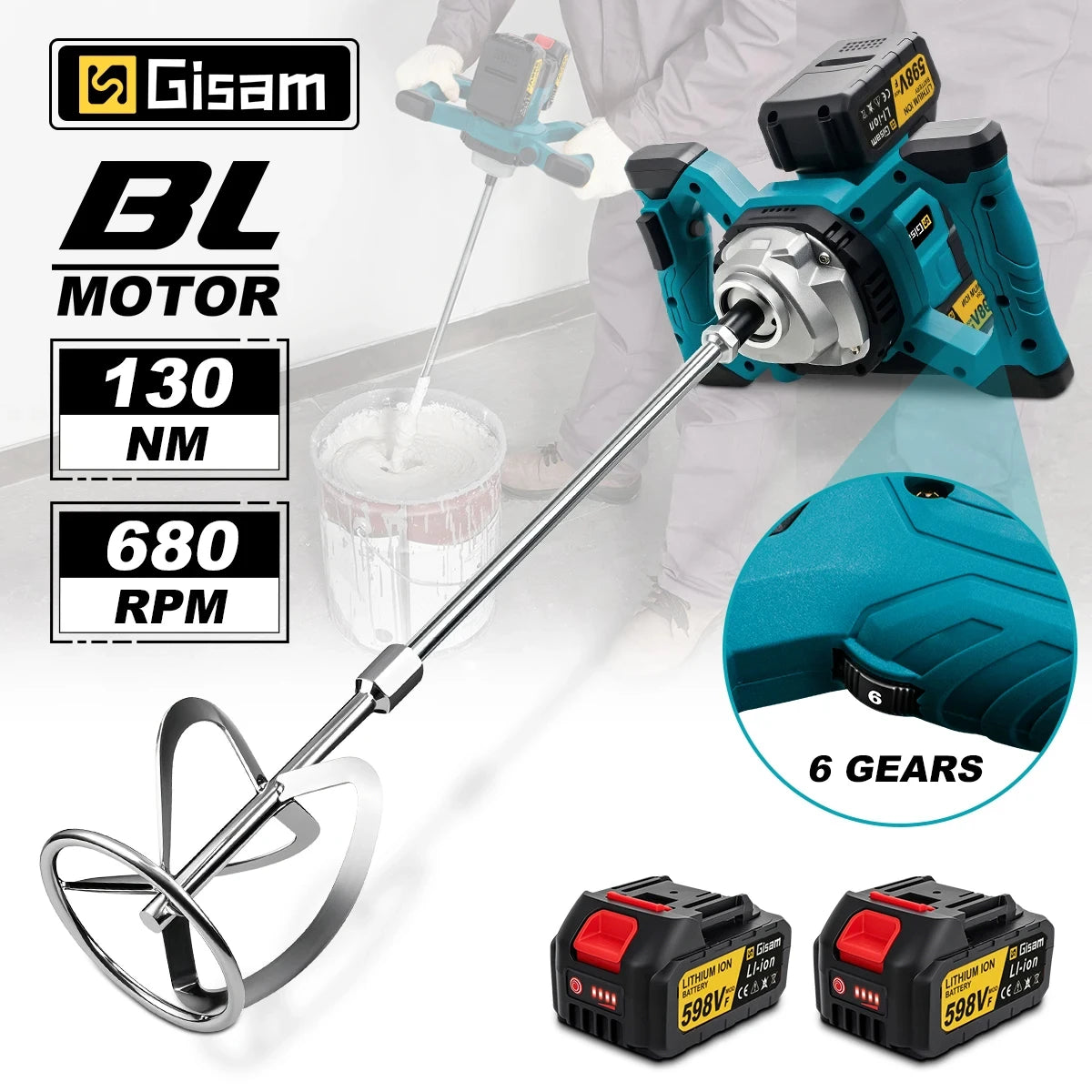 Gisha 6Gears Cordless Elettrico Betoniera Brushless Malta di Cemento Gesso Mixer Frullatore Miscelatore Vernice Per makita 18v batteria pin
