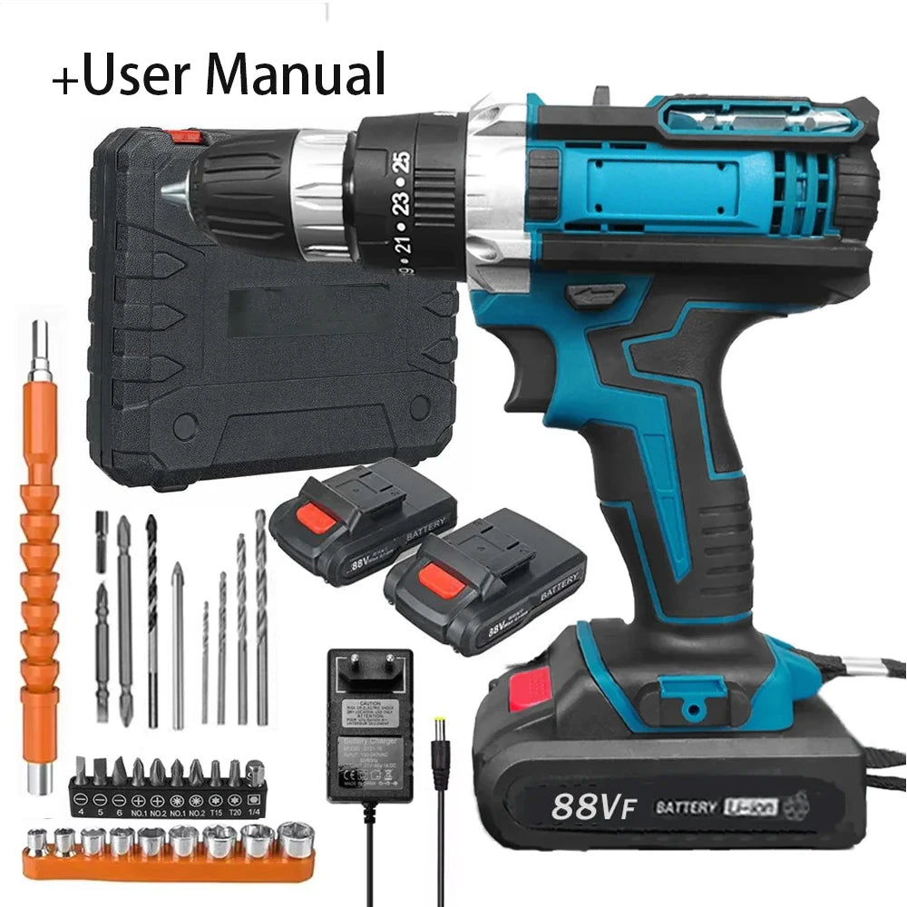 Cacciavite a percussione elettrico con coppia 25 + 3 Impostazione multifunzionale Cacciavite elettrico con trapano a batteria a 2 velocità con 2 batterie