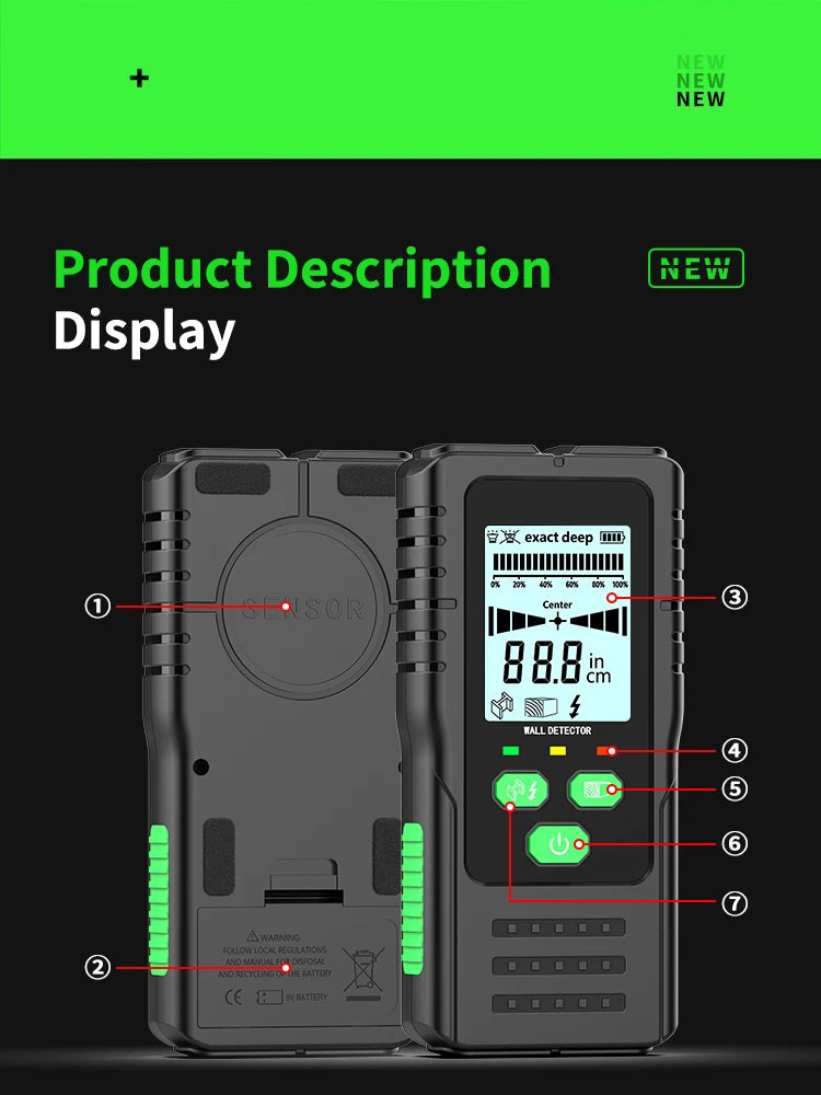 R&D Nuovo cercatore perni Scanner da parete Fili per cavi Localizzatore di profondità Metal Detector da parete Retroilluminato elettronico Cercatore di legno AC nero