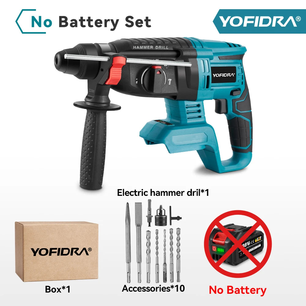 YOFIDRA 26mm Martello rotante elettrico senza spazzole Cordless Multifunzionale Trapano a percussione Utensili elettrici per Makita Batteria Pin
