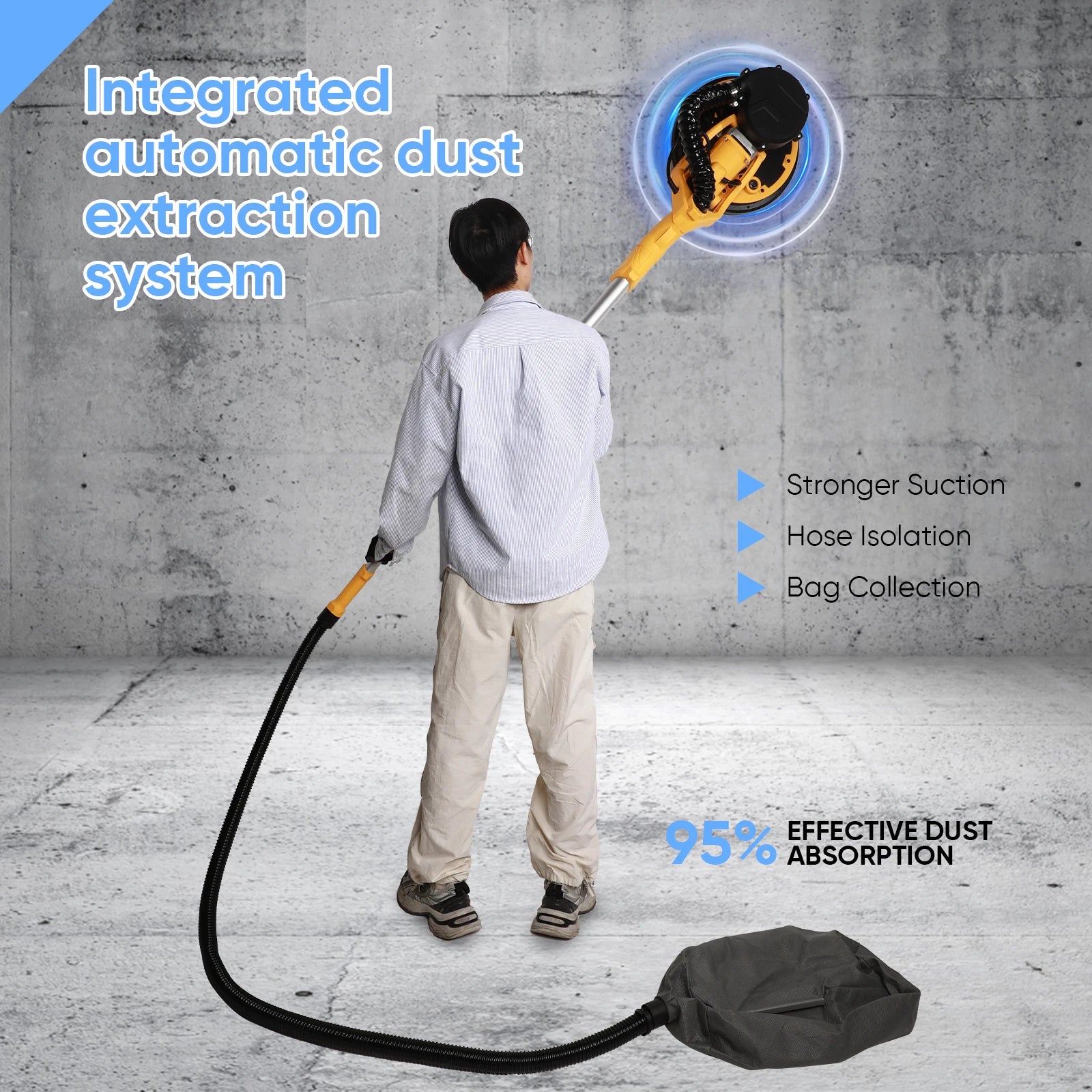 Levigatrice elettrica per cartongesso 1390W Rettificatrice per muro a 6 velocità Stucco senza polvere Auto-vuoto LED Asta lunga Lucidatrice per carta vetrata