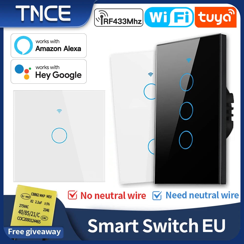 TNCE Tuya Switch WIFI RF US/EU, 1/2/3/4 Gang No/Con cavo neutro Controller luce LED da parete, Vita intelligente, Voce Alexa Google Home