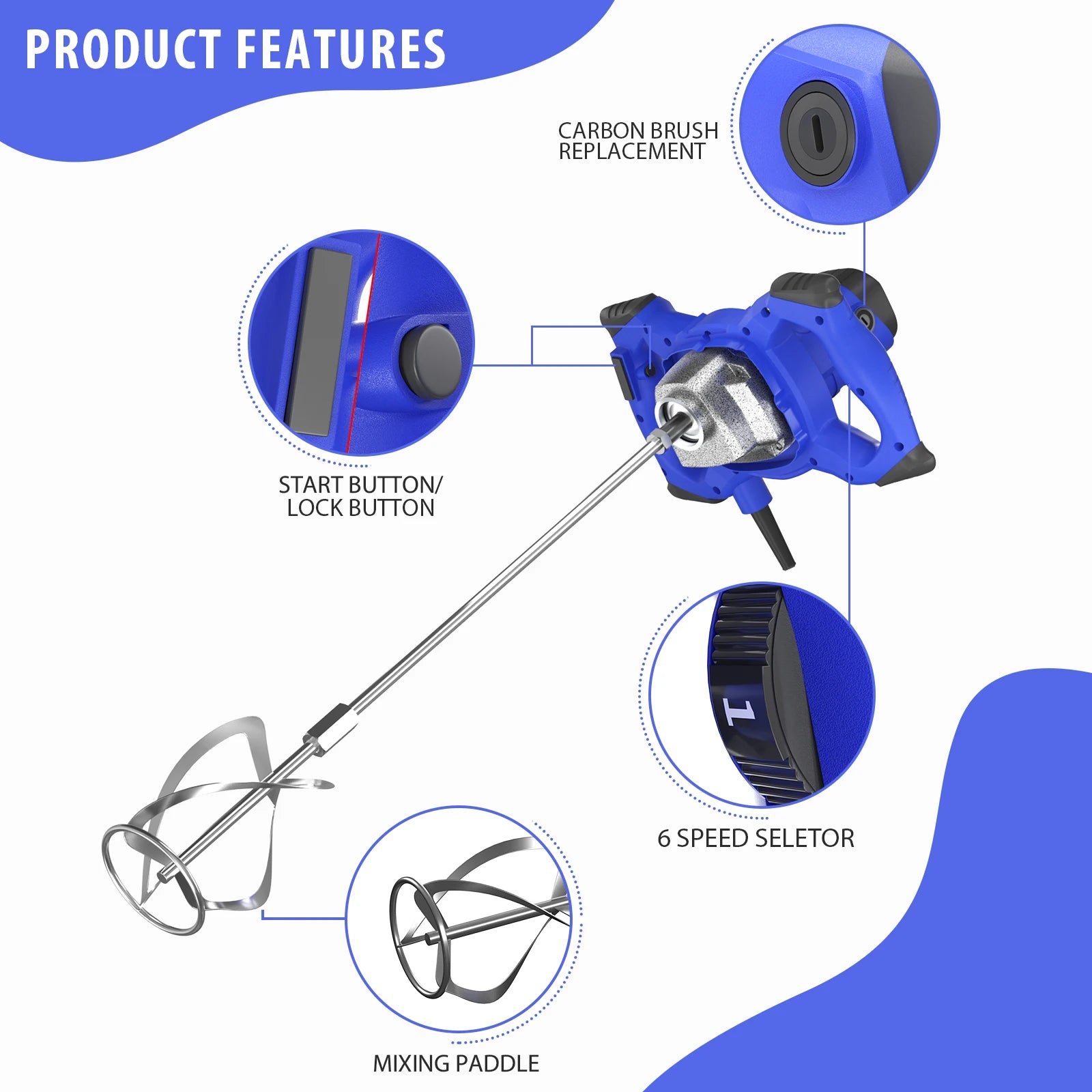 Miscelatore a paletta portatile da 2800 W a 6 velocità, agitatore elettrico per trapano, strumento di agitazione per malta, malta, vernice, cemento, intonacatura del gesso