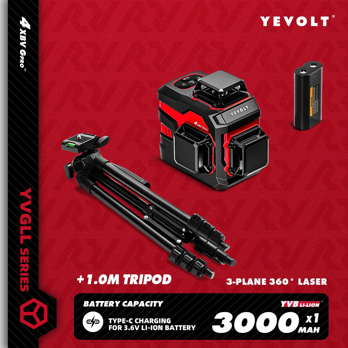 YEVOLT YVGLL4XS12 Livello laser Raggio verde a 12 linee Precisione ±0,2 mm/m, resistenza alla polvere/acqua IP54, livellamento automatico e modalità pendenza