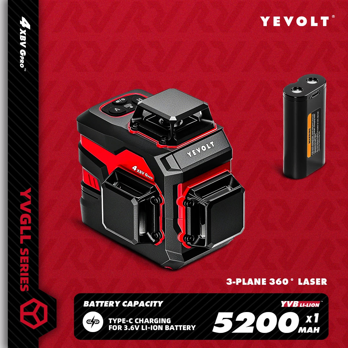 YEVOLT YVGLL4XS12 Livello laser Raggio verde a 12 linee Precisione ±0,2 mm/m, resistenza alla polvere/acqua IP54, livellamento automatico e modalità pendenza