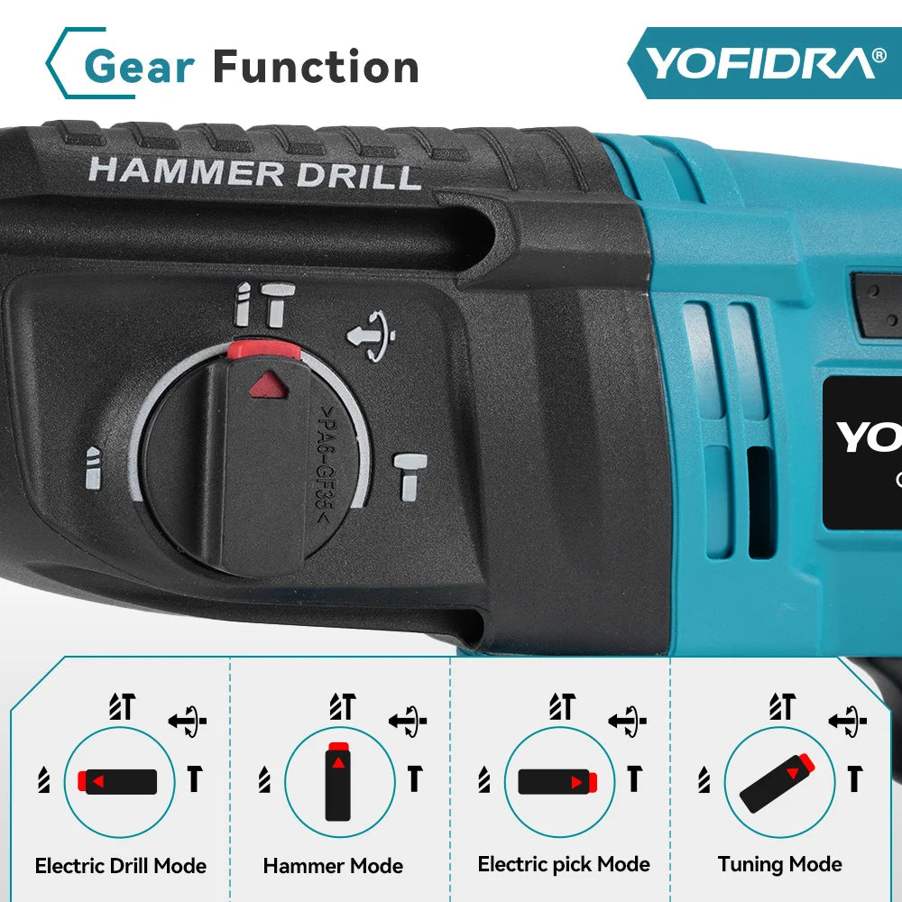 YOFIDRA 26mm Martello rotante elettrico senza spazzole Cordless Multifunzionale Trapano a percussione Utensili elettrici per Makita Batteria Pin