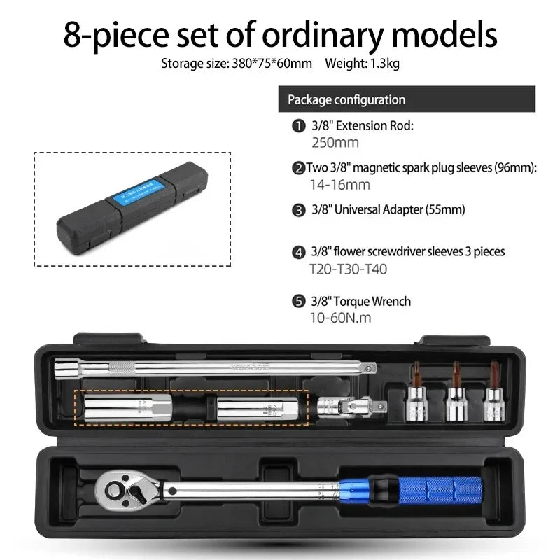 Kit chiave dinamometrica regolabile con precisione 3/8" 10-60N.m con cricchetto a doppia direzione e strumento per la rimozione di candele magnetiche