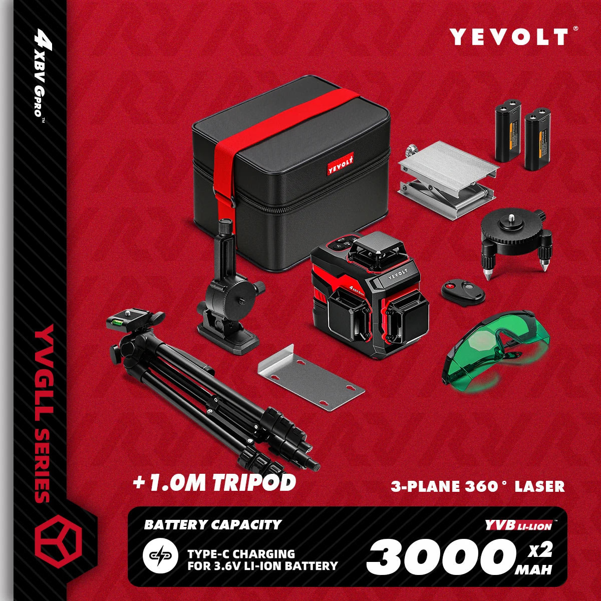 YEVOLT YVGLL4XS12 Livello laser Raggio verde a 12 linee Precisione ±0,2 mm/m, resistenza alla polvere/acqua IP54, livellamento automatico e modalità pendenza
