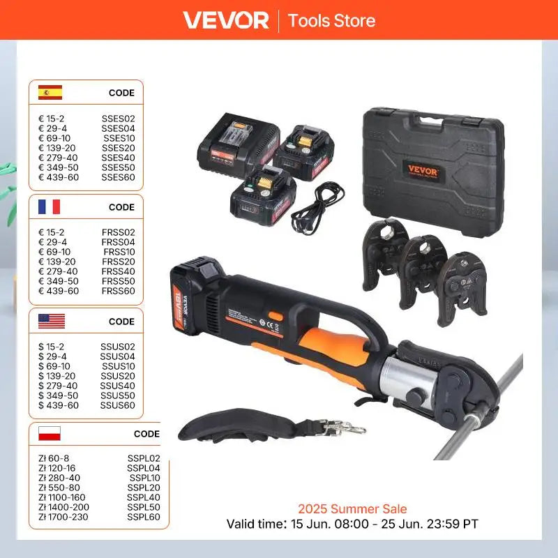 VEVOR Strumenti per crimpare tubi Raccordi per tubi in rame Piegatrice Kit di strumenti per pressatura idraulica V15 V22 V28 ganasce con 2 batterie 20V 4.0Ah