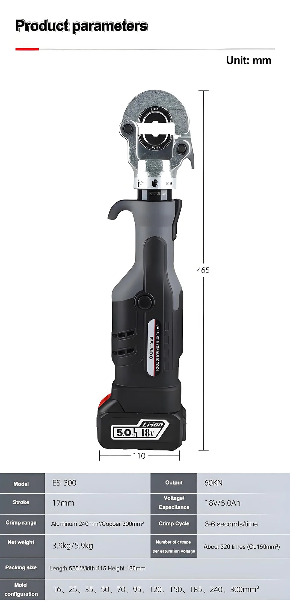 Crimpatrice idraulica elettrica ES-300 con manico dritto per terminali in rame e alluminio da 10-300 mm2 con crimpatura rapida e 360 °   Rotazione