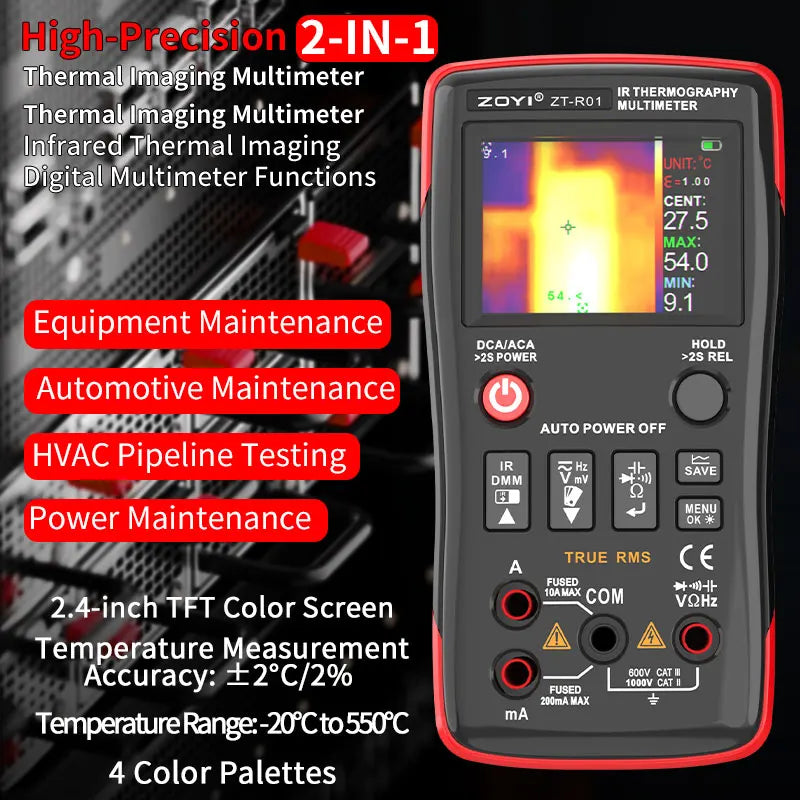 ZOYI R01 Multimetro per immagini termiche 2 in 1 Circuito T-RMS ad alta precisione da 25000 conteggi Rilevamento automobilistico Imaging termico a infrarossi