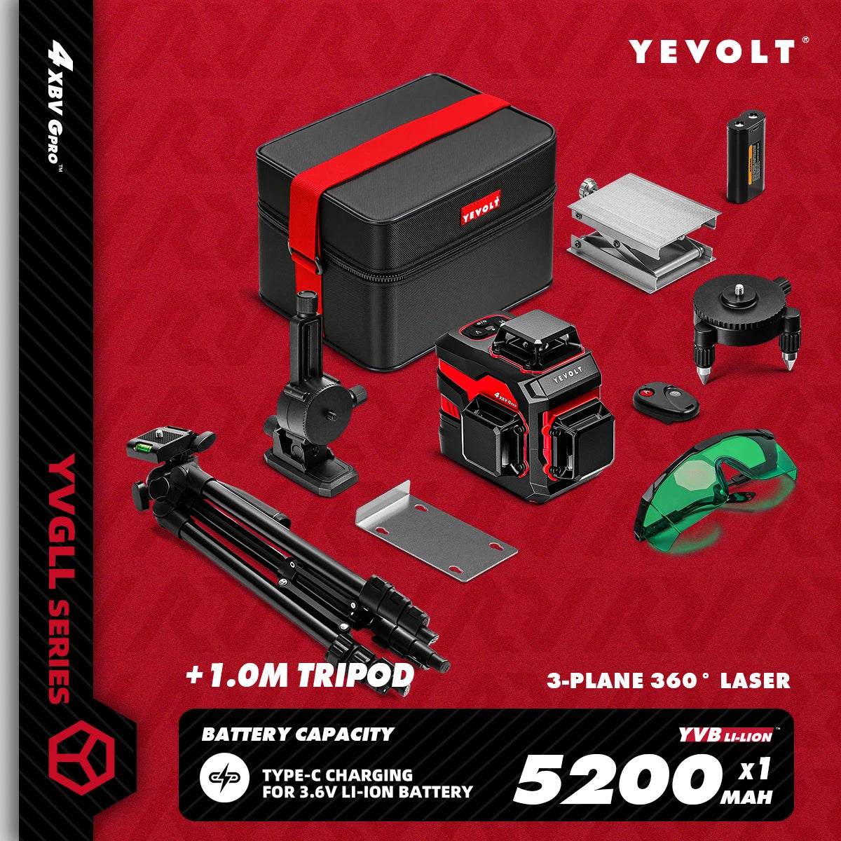YEVOLT YVGLL4XS12 Livello laser Raggio verde a 12 linee Precisione ±0,2 mm/m, resistenza alla polvere/acqua IP54, livellamento automatico e modalità pendenza