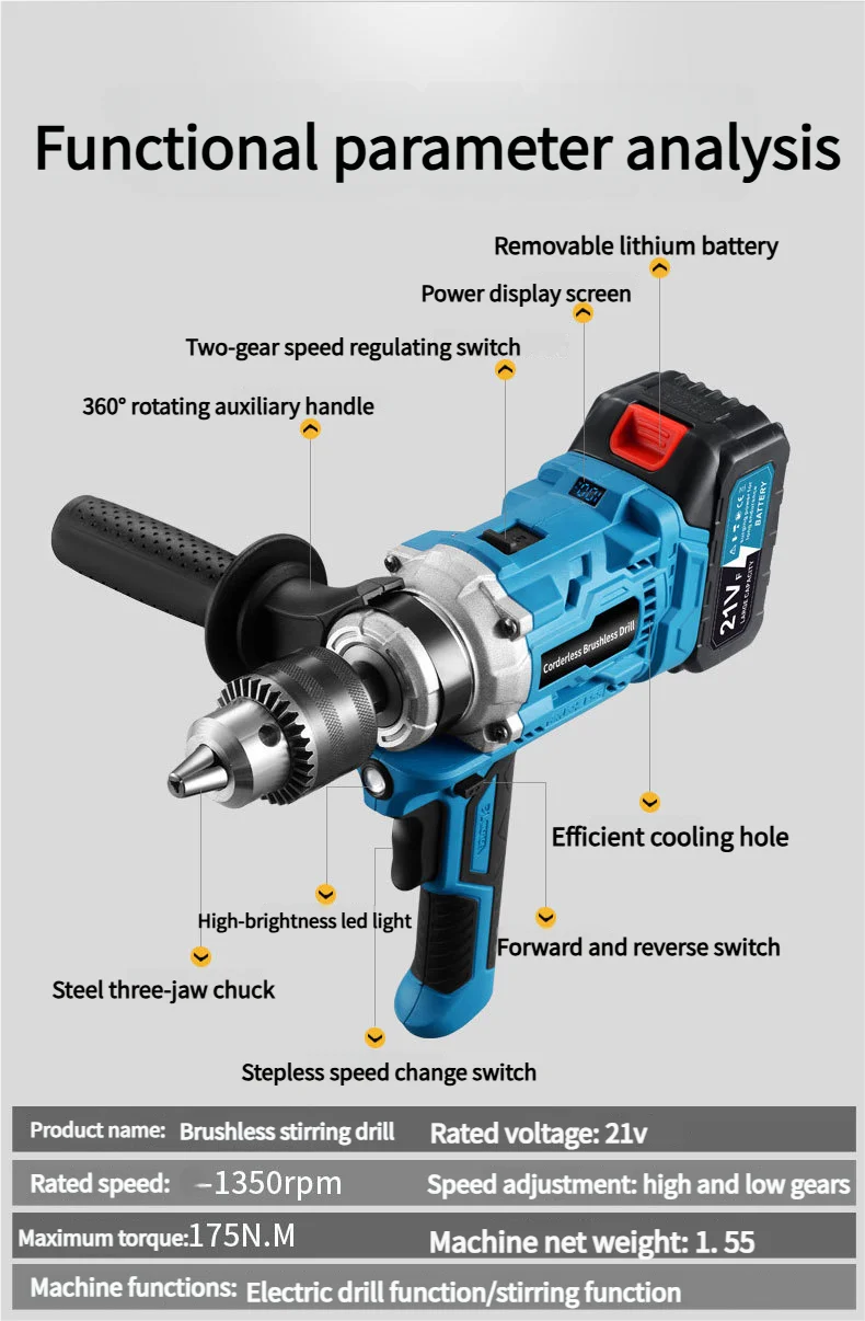Trapano elettrico senza fili senza spazzole Trapano per legno/acciaio/cemento/ghiaccio per batteria Makita 18V