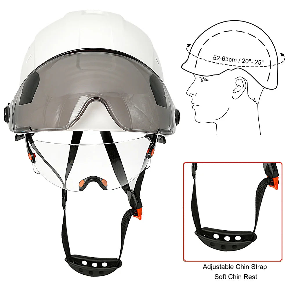Casco di sicurezza da costruzione CE con visiera, paraorecchie con occhiali integrati per elmetto protettivo da ingegnere, protezione per la testa del berretto da lavoro industriale ANSI