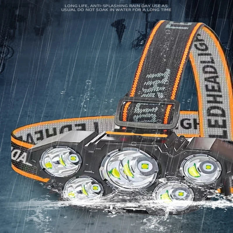 Faro a 5 LED ad alta potenza Batteria incorporata Torcia ricaricabile USB ultra luminosa montata sulla testa per illuminazione da campeggio esterna