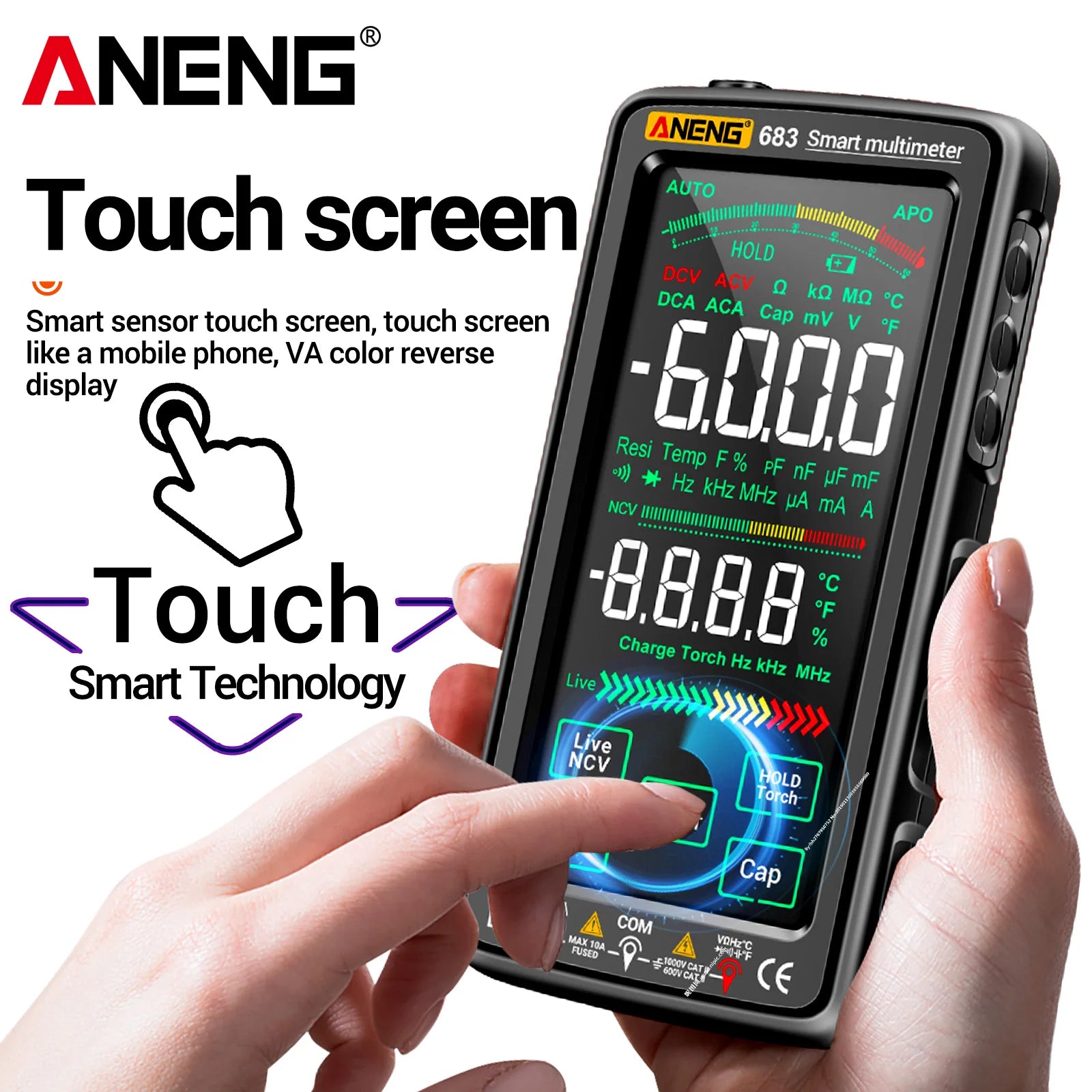 ANENG 683 6000 Conteggi Smart Touch Screen Multimetro Amperometro Ricaricabile AC/DC Tensione Corrente Tester NCV Diodo Elettricista Strumento