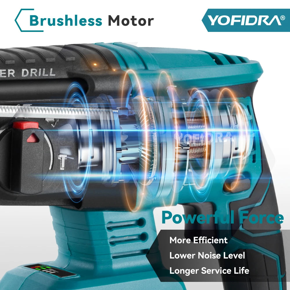 YOFIDRA 26mm Martello rotante elettrico senza spazzole Cordless Multifunzionale Trapano a percussione Utensili elettrici per Makita Batteria Pin