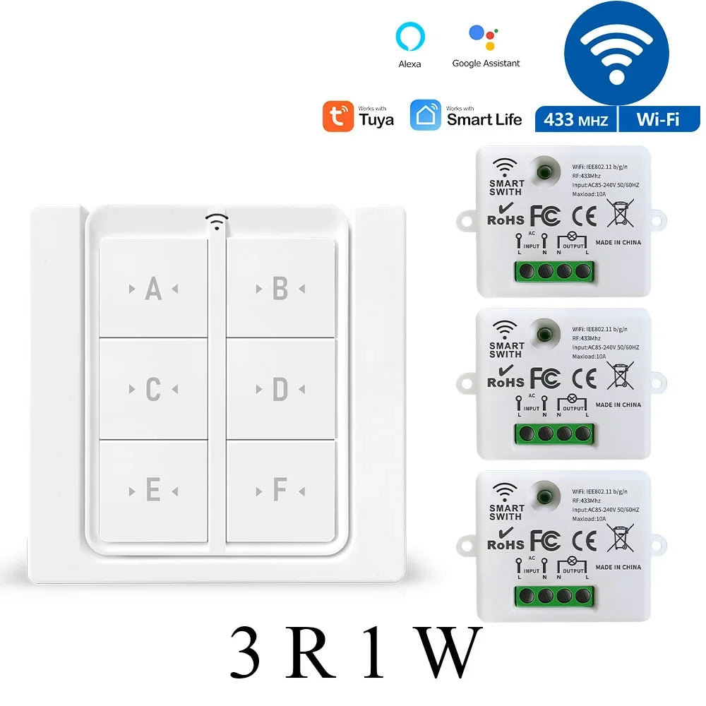 Tuya WiFi RF Smart Light Switch 433 MHz 6 Gang Interruttore da pannello a parete wireless, ricevitore temporizzato 110 V 220 V Funziona con Goole Home/Alexa