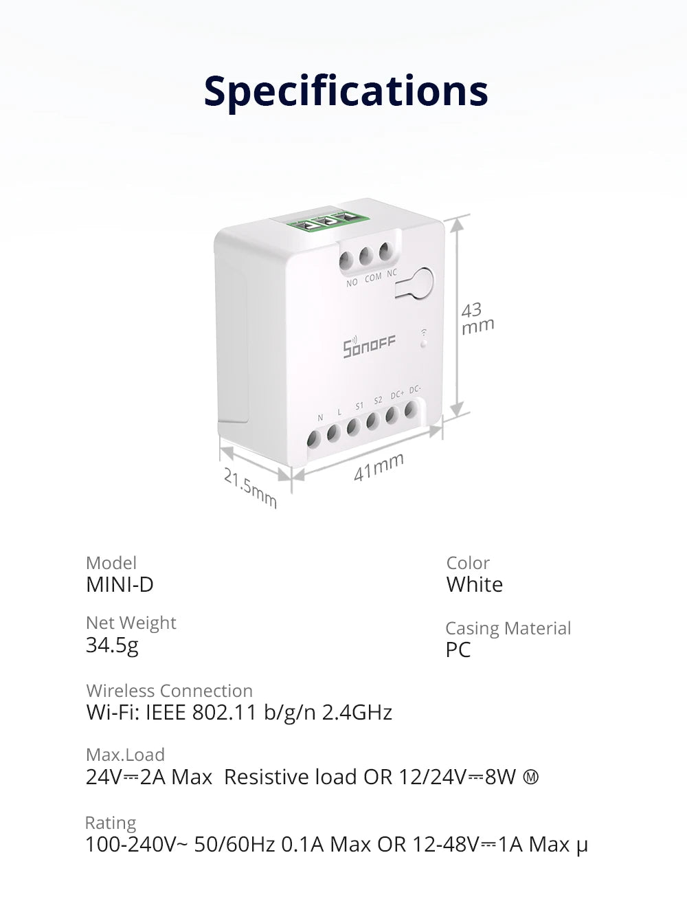 SONOFF MINI-D WiFi Smart Switch Dispositivo di contatto a secco Supporta l'alimentazione CA/CC Funziona con eWeLink Apple Home Alexa Google Home