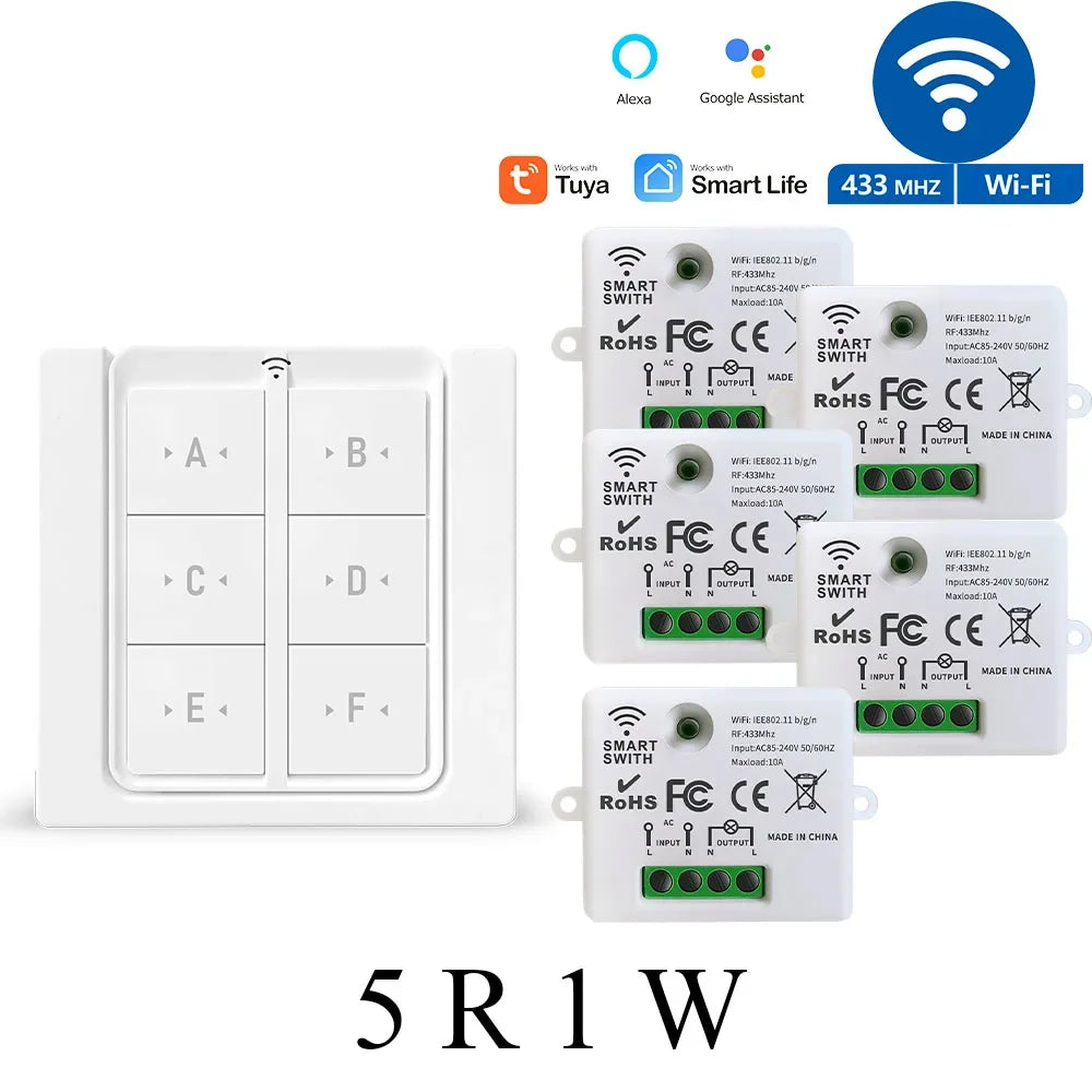 Tuya WiFi RF Smart Light Switch 433 MHz 6 Gang Interruttore da pannello a parete wireless, ricevitore temporizzato 110 V 220 V Funziona con Goole Home/Alexa