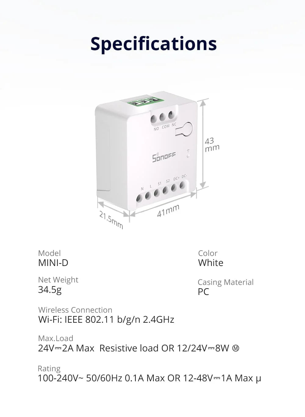 SONOFF MINI-D Wi-Fi Smart Switch Primo MINI dispositivo relè a contatto secco con importa supporta il controllo del contattore di alimentazione CA/CC