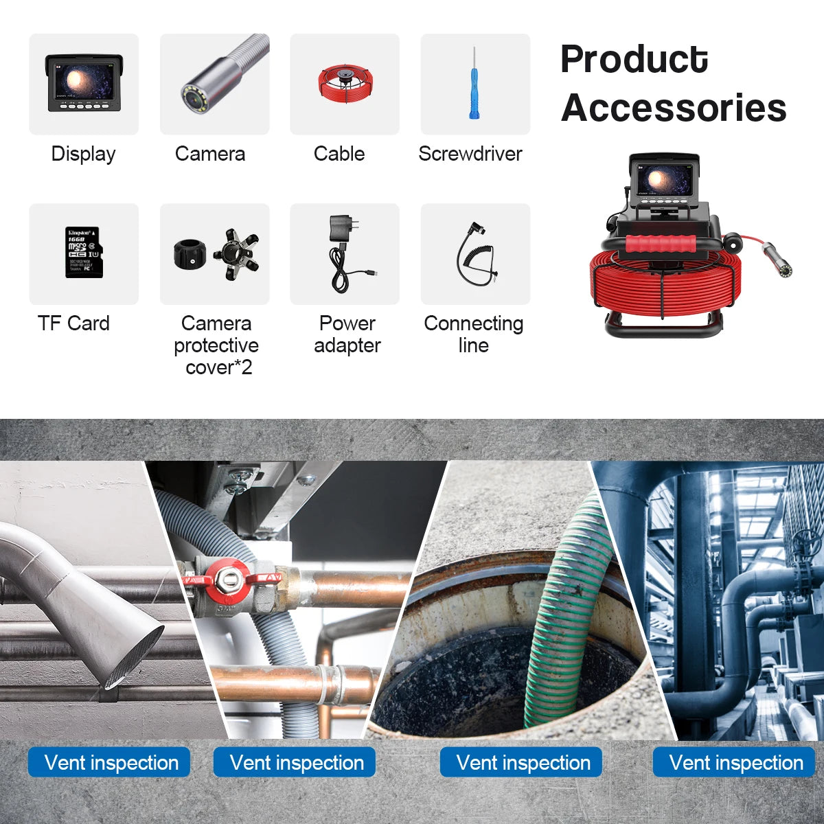 DVR 16GB Card 5600mAh Batteria Telecamera per endoscopio fognario 4.3 "HD Telecamera per condotte di scarico industriale IP68 Telecamera per ispezione tubi fognari