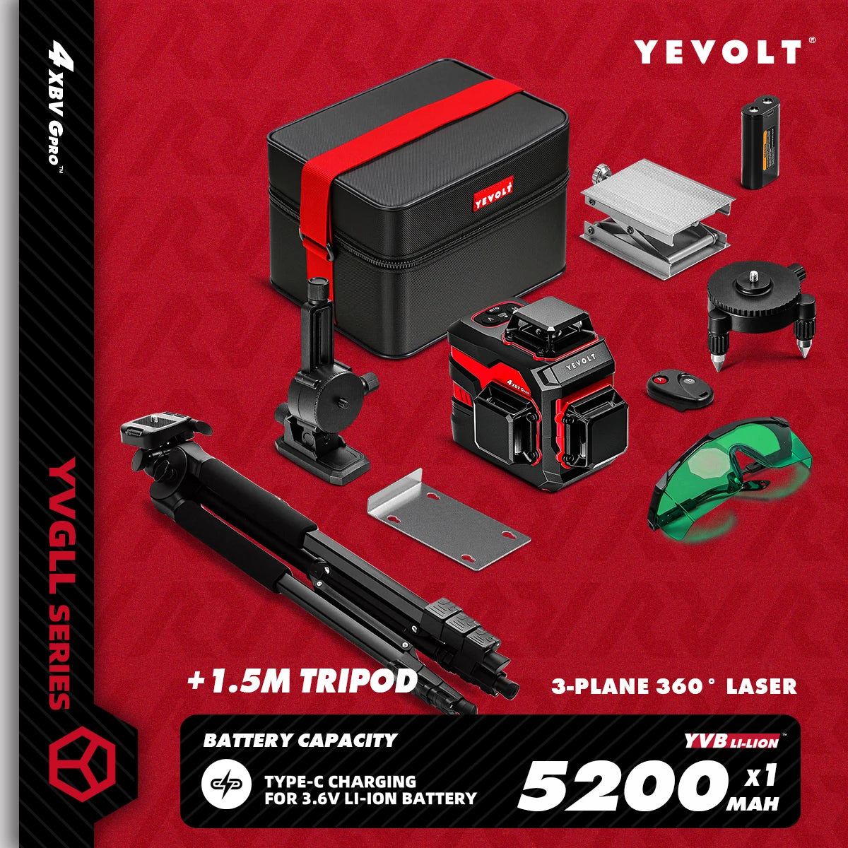 YEVOLT YVGLL4XS12 Livello laser Raggio verde a 12 linee Precisione ±0,2 mm/m, resistenza alla polvere/acqua IP54, livellamento automatico e modalità pendenza