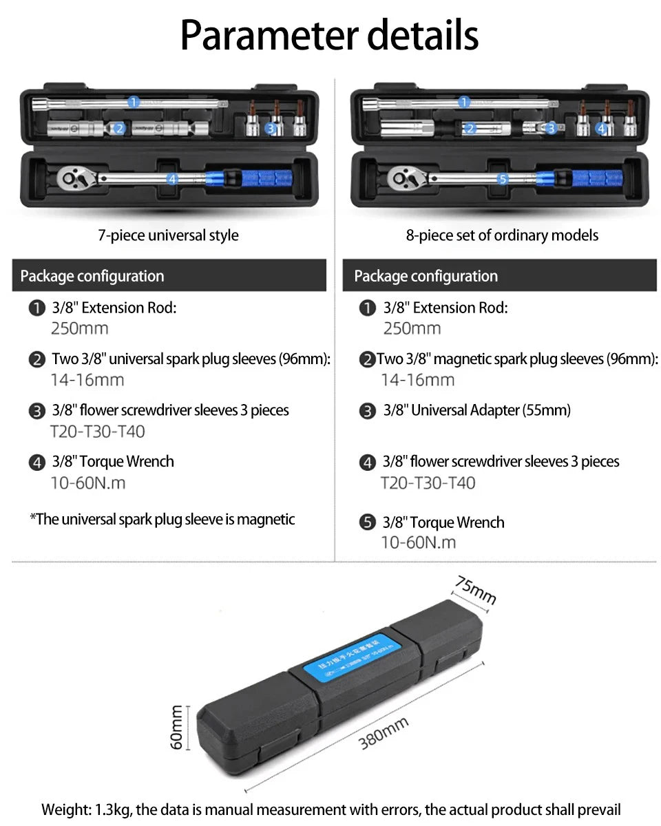 Kit chiave dinamometrica regolabile con precisione 3/8" 10-60N.m con cricchetto a doppia direzione e strumento per la rimozione di candele magnetiche