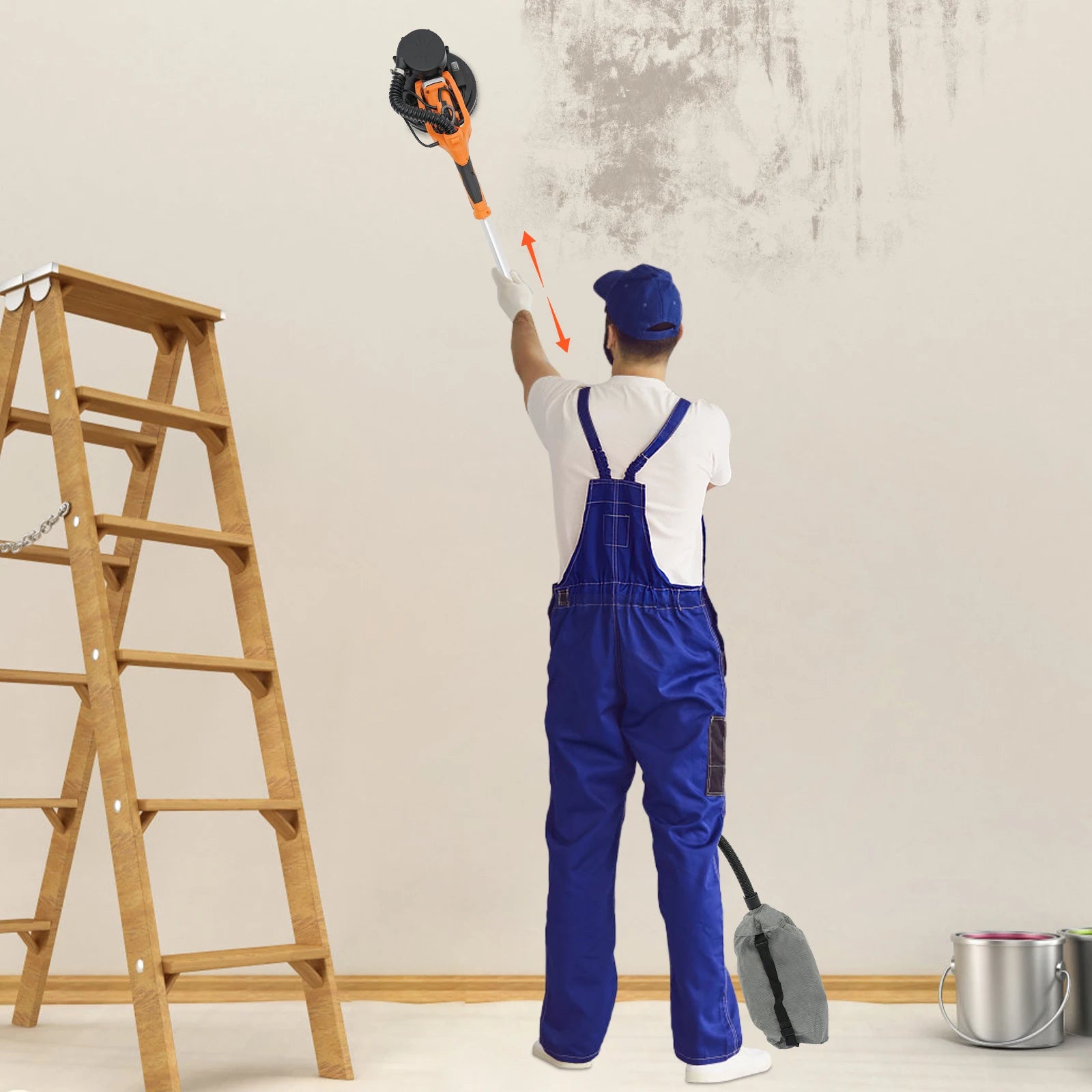 Levigatrice per cartongesso da 750 W, lucidatrice per mastice da parete a velocità regolabile, 220-240 V, con aspirazione della polvere, 6 carte vetrate