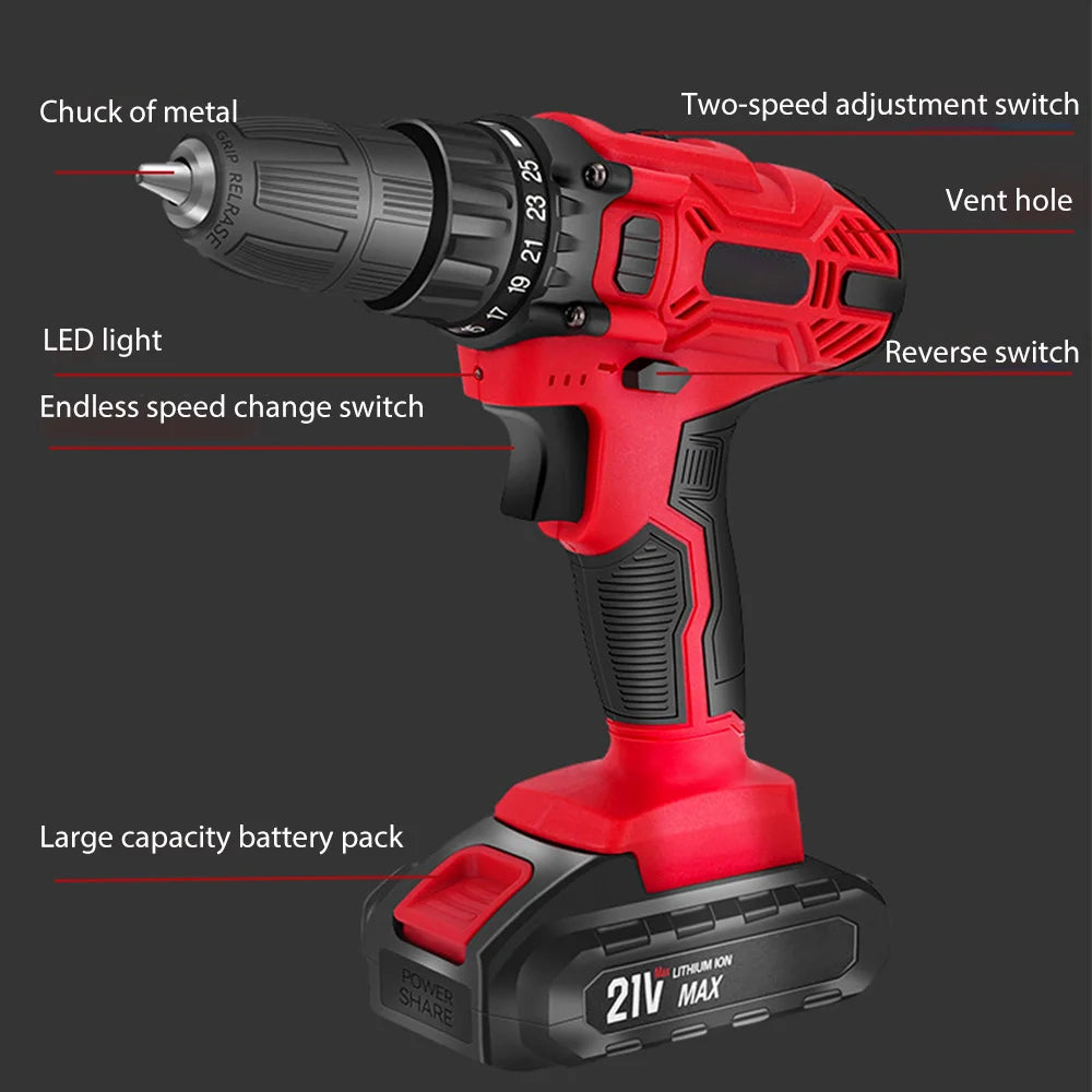 Trapano elettrico 21V 200Nm a batteria, kit trapano combinato a 2 batterie, 25+1 coppia Cacciavite elettrico con mandrino da 3/8" per legno e metallo