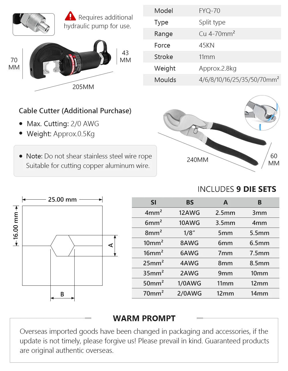 RUS Warehouse Strumento di crimpatura idraulico Pinze per crimpare terminali per cavi fai-da-te Strumenti di compressione idraulica Gamma YQK-70 4-70mm2