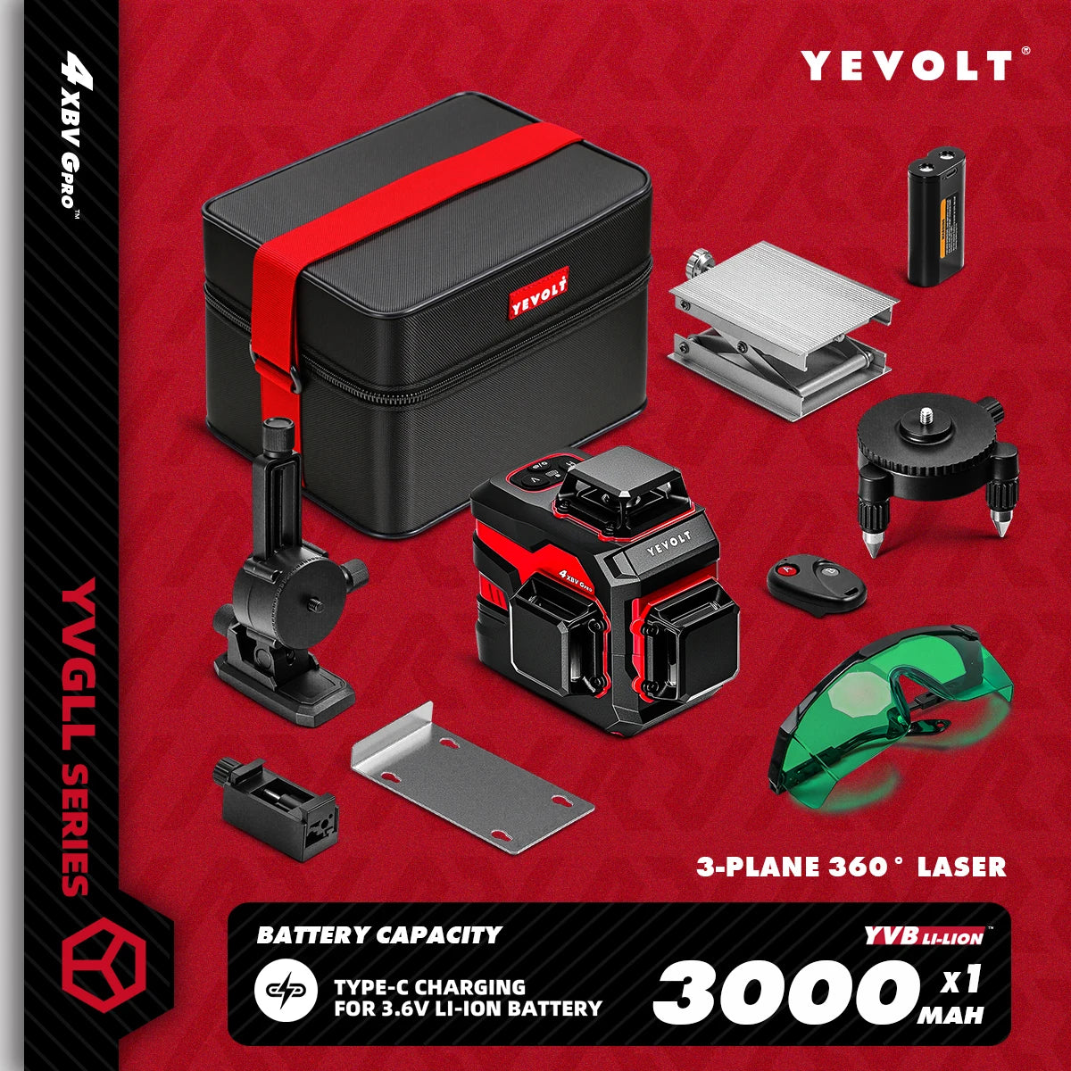 YEVOLT YVGLL4XS12 Livello laser Raggio verde a 12 linee Precisione ±0,2 mm/m, resistenza alla polvere/acqua IP54, livellamento automatico e modalità pendenza