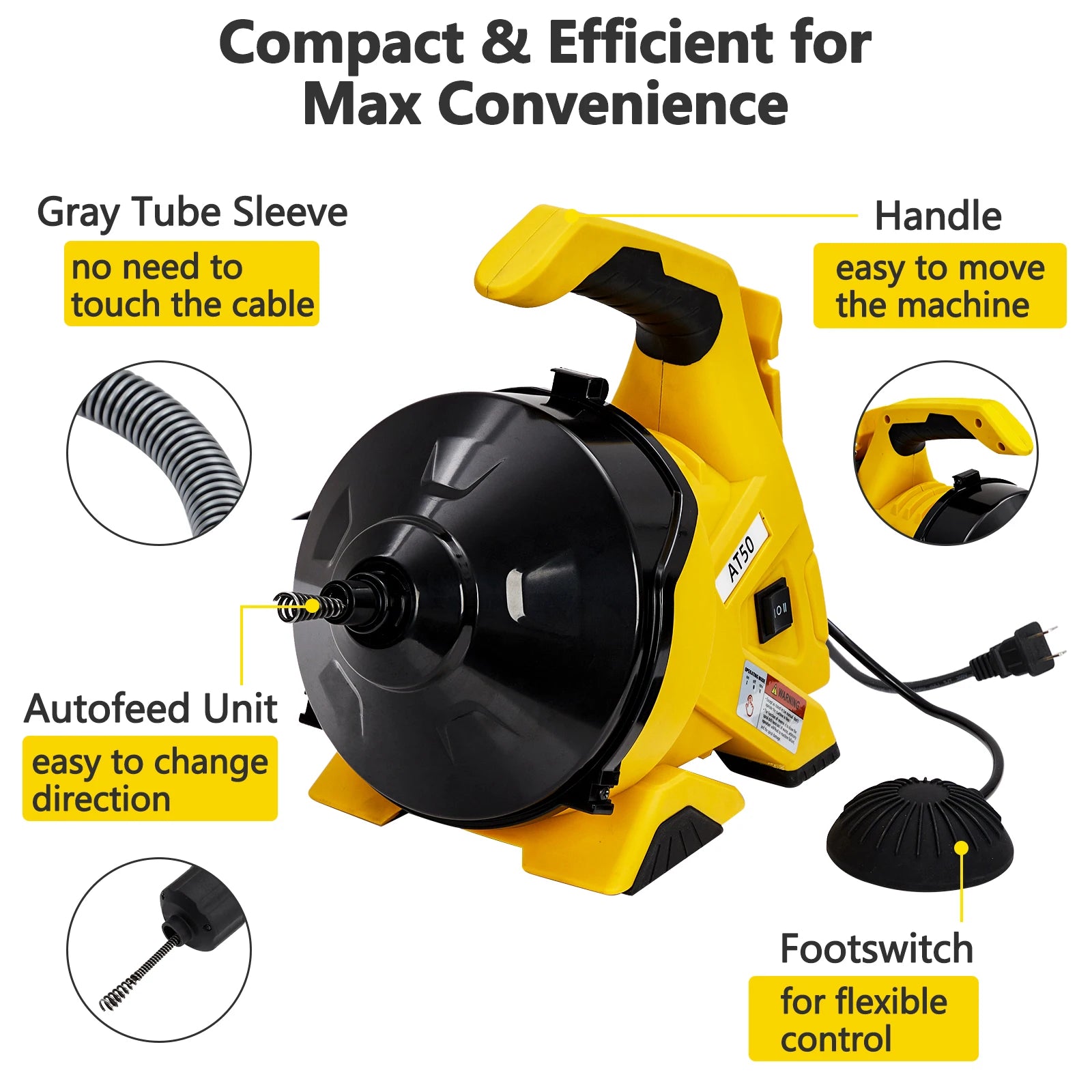 Macchina per la pulizia degli scarichi da 30 piedi, coclea di scarico elettrica per fognature con alimentazione automatica per tubi da 3/4 pollici - 2 pollici con interruttore a pedale per lavelli, scarichi dei WC