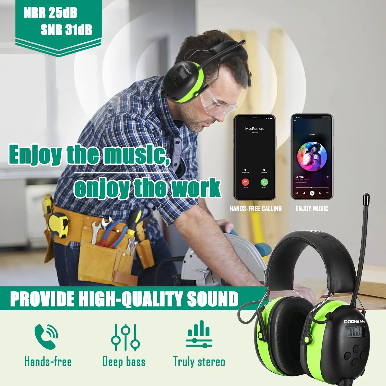 ZOHAN Cuffie elettroniche 5.0 Cuffie antirumore Bluetooth Protezione uditiva industriale per la riduzione del rumore musicale Ricaricabili professionali