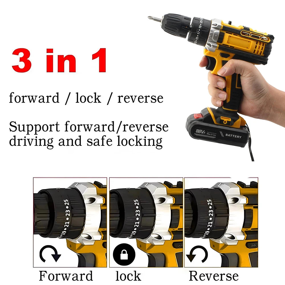 Cacciavite a percussione elettrico con coppia 25 + 3 Impostazione multifunzionale Cacciavite elettrico con trapano a batteria a 2 velocità con 2 batterie