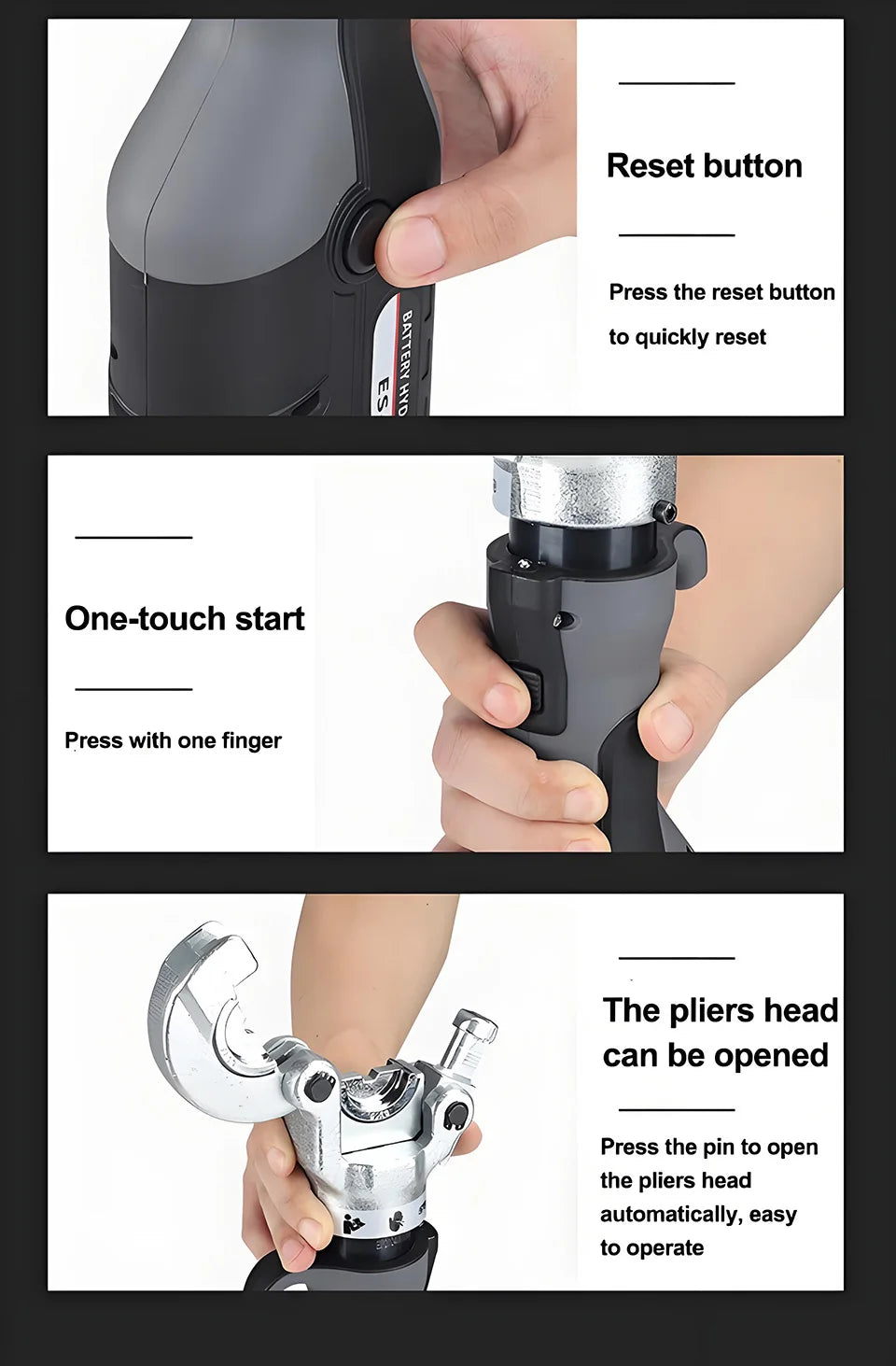 Crimpatrice idraulica elettrica ES-300 con manico dritto per terminali in rame e alluminio da 10-300 mm2 con crimpatura rapida e 360 °   Rotazione