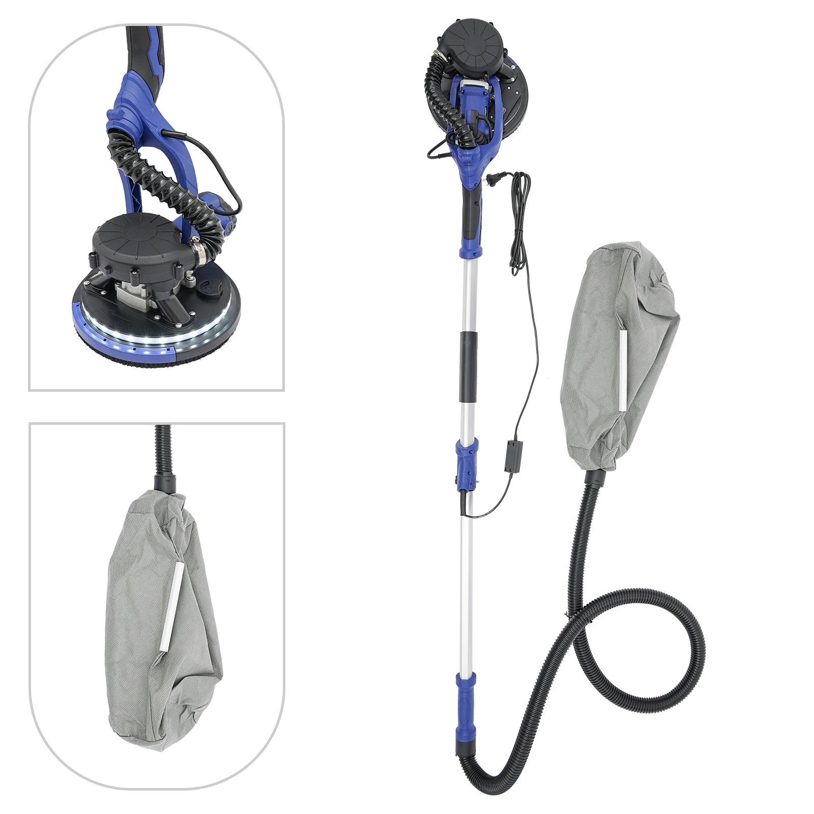 Levigatrice per cartongesso da 750 W, lucidatrice per mastice da parete a velocità regolabile, 220-240 V, con aspirazione della polvere, 6 carte vetrate