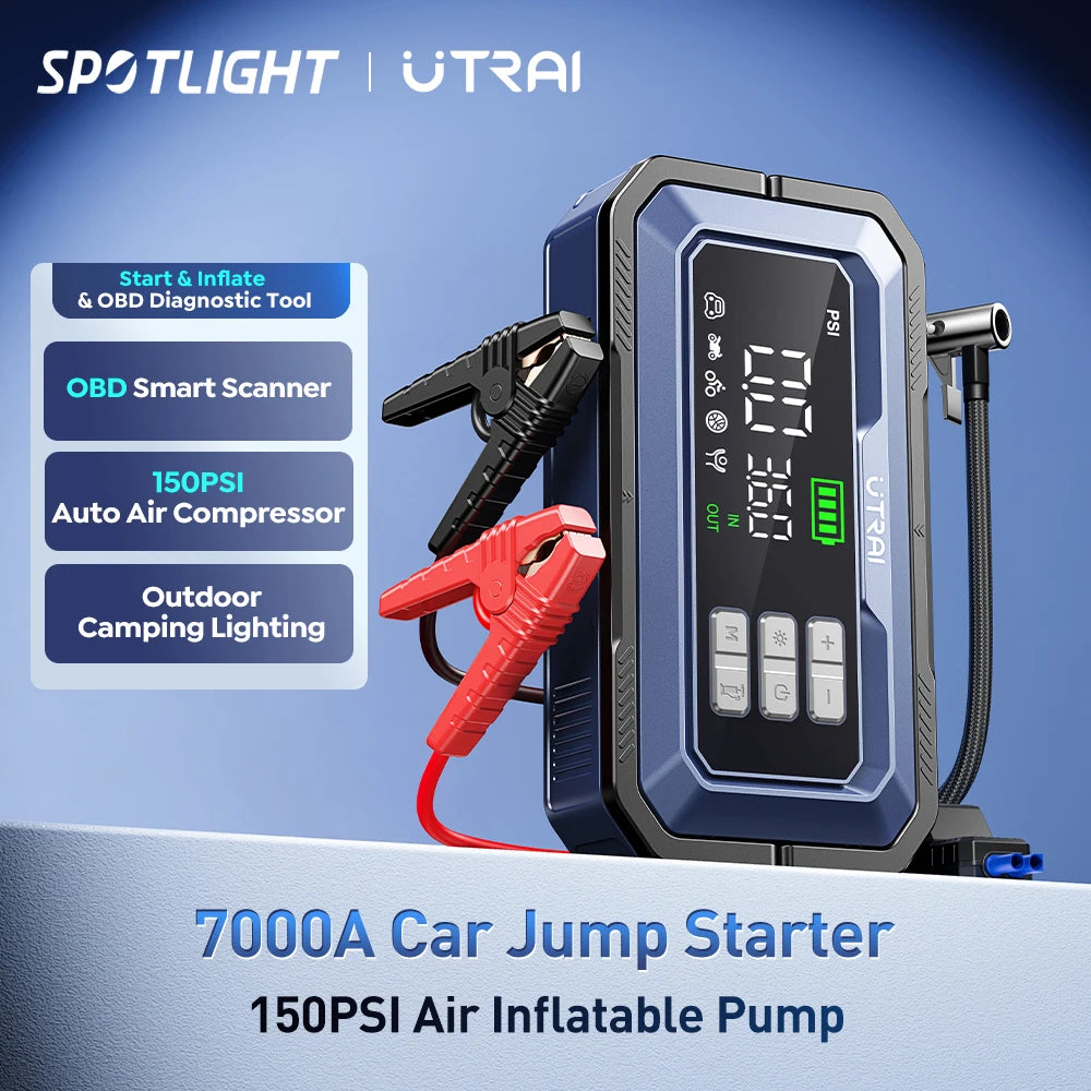 Avviatore di emergenza per auto UTRAI All-in-One 7000A con compressore d'aria, diagnosi OBD e booster di emergenza per batteria per auto Power Bank