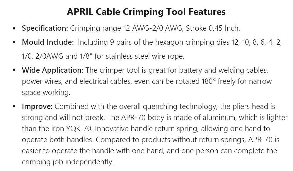 RUS Warehouse Strumento di crimpatura idraulico Pinze per crimpare terminali per cavi fai-da-te Strumenti di compressione idraulica Gamma YQK-70 4-70mm2