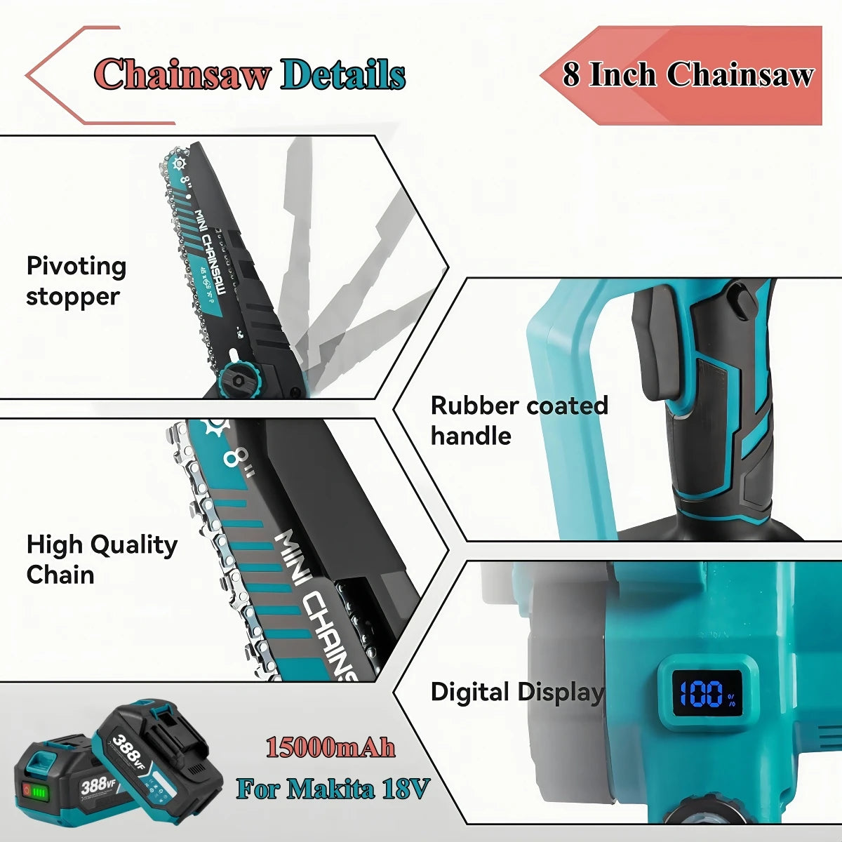 Recentemente Sega Elettrica Senza Spazzole Da 8 Pollici Con 2PCS Catene Cordless Lavorazione Del Legno Giardino Potatura Motosega Set Per Makita 18V Batteria Spille