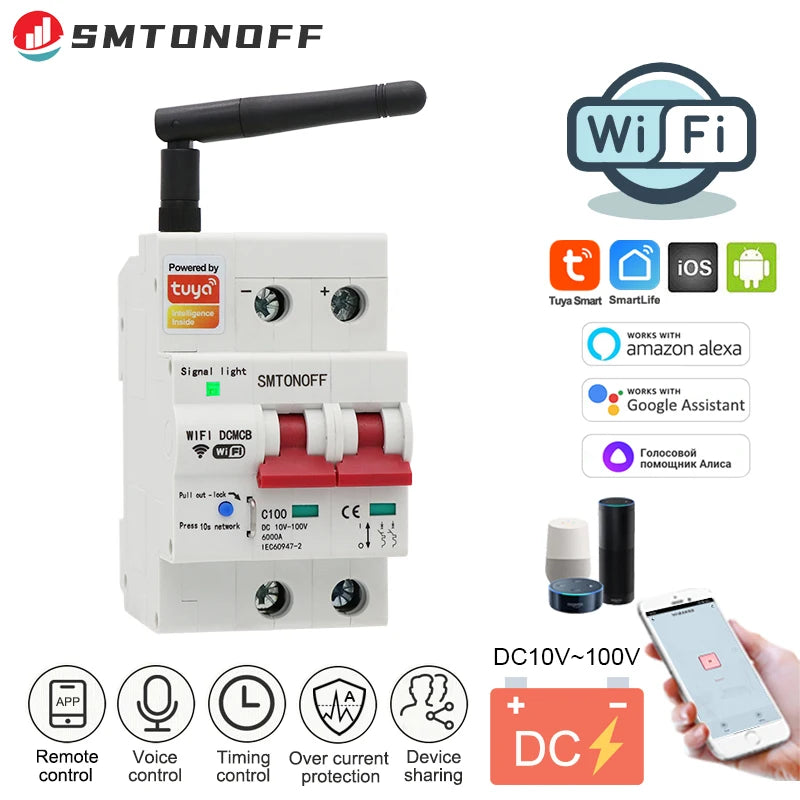 Tuay Smart life WiFi DC Smart Circuit Breaker 12V 24V 48Voverload protezione da cortocircuito con Alexa google home per Smart Home