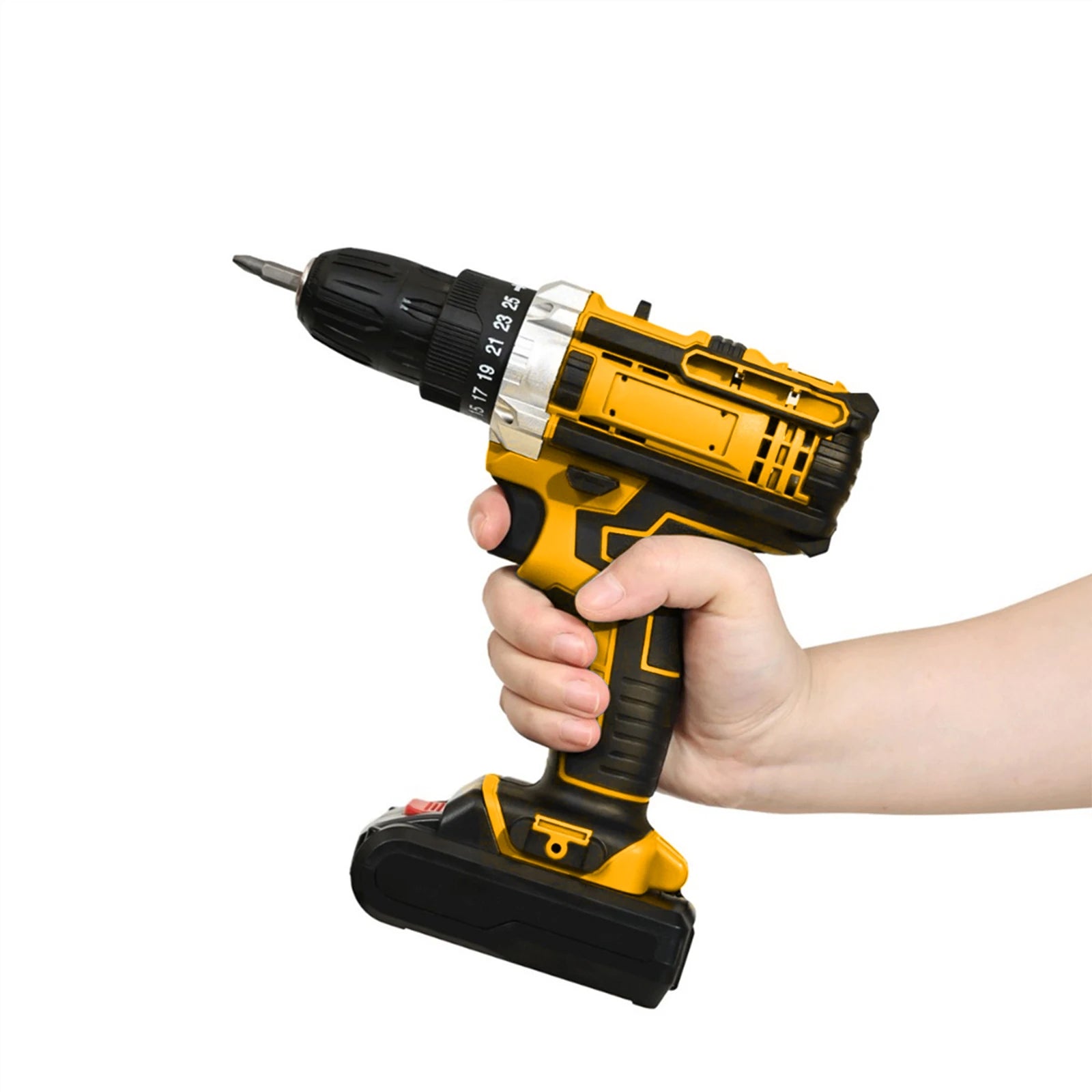 Cacciavite a percussione elettrico con coppia 25 + 3 Impostazione multifunzionale Cacciavite elettrico con trapano a batteria a 2 velocità con 2 batterie