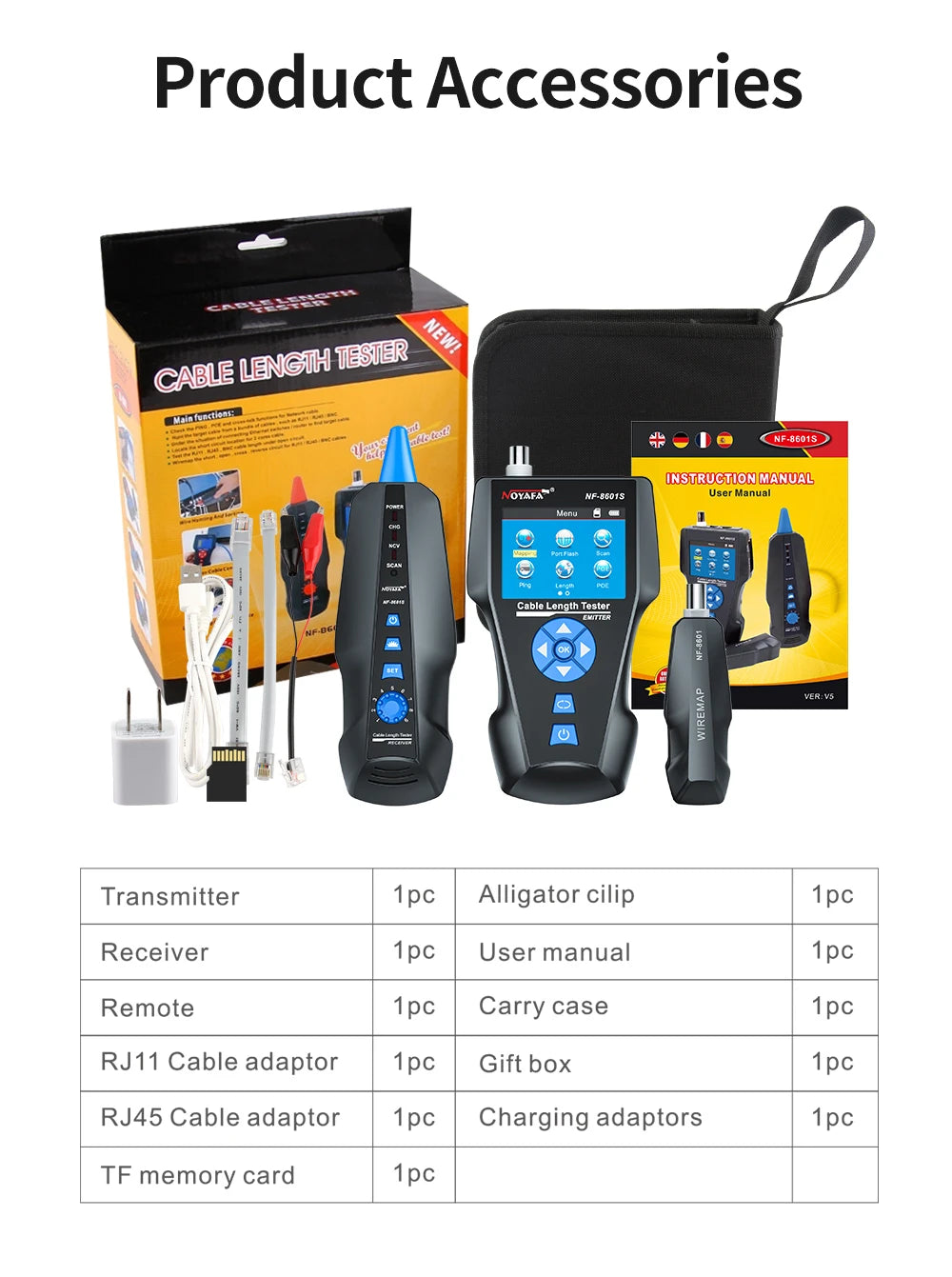 NOYAFA NF-8601S Tester per cavi di rete Localizzatore di cavi anti-interferenza PING Tester RJ45 RJ11 Misuratore di lunghezza Tester Strumenti di rete