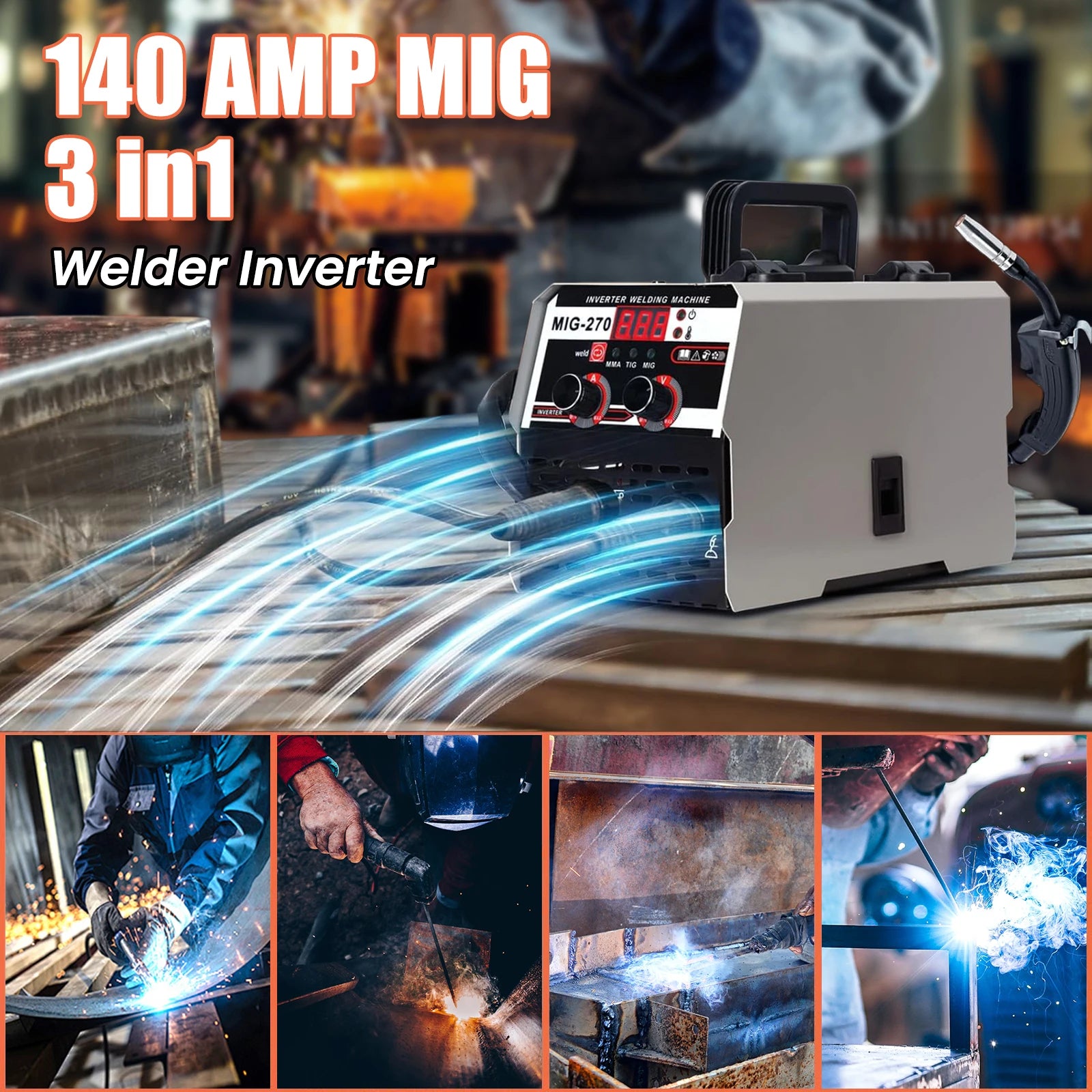 MIG-270 Saldatore inverter 3 in 1 220V Macchina portatile MMA/TIG Display digitale senza gas e semiautomatico Protezione termica per il fai da te domestico