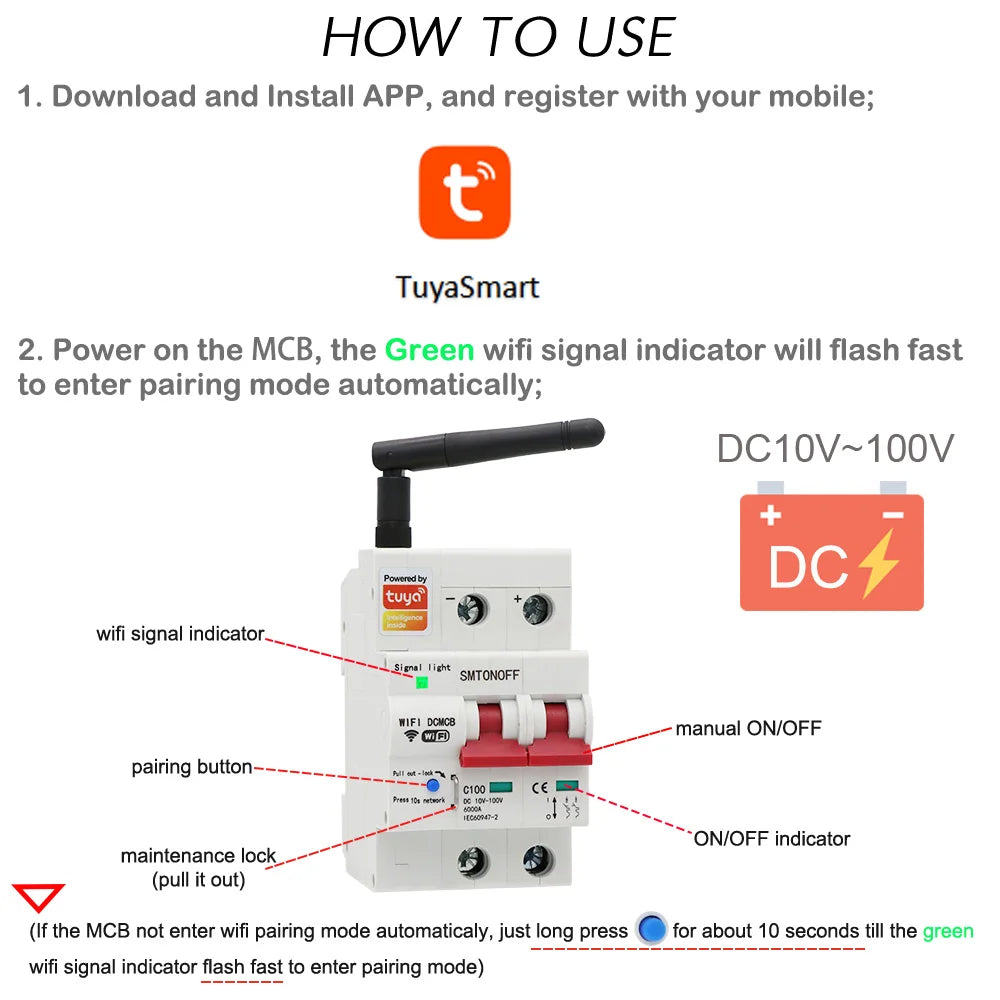 Tuay Smart life WiFi DC Smart Circuit Breaker 12V 24V 48Voverload protezione da cortocircuito con Alexa google home per Smart Home