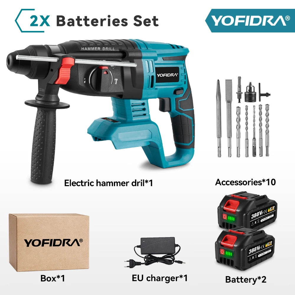 YOFIDRA 26mm Martello rotante elettrico senza spazzole Cordless Multifunzionale Trapano a percussione Utensili elettrici per Makita Batteria Pin