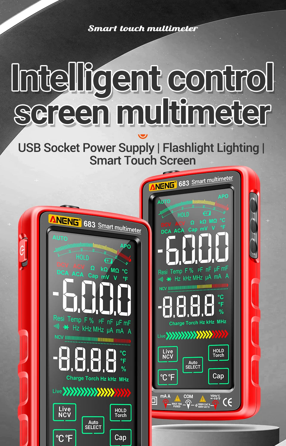 ANENG 683 6000 Conteggi Smart Touch Screen Multimetro Amperometro Ricaricabile AC/DC Tensione Corrente Tester NCV Diodo Elettricista Strumento