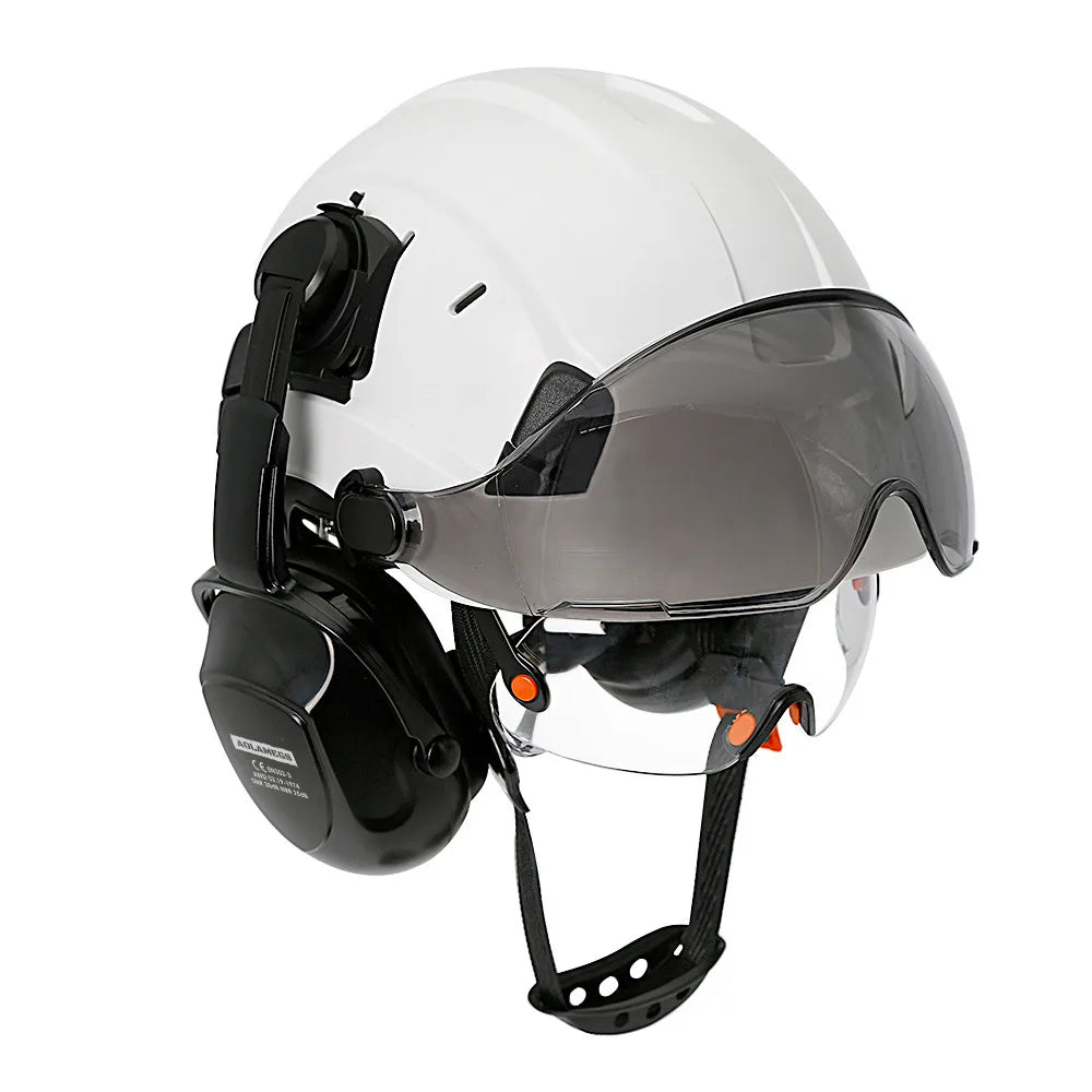 Casco di sicurezza da costruzione CE con visiera, paraorecchie con occhiali integrati per elmetto protettivo da ingegnere, protezione per la testa del berretto da lavoro industriale ANSI