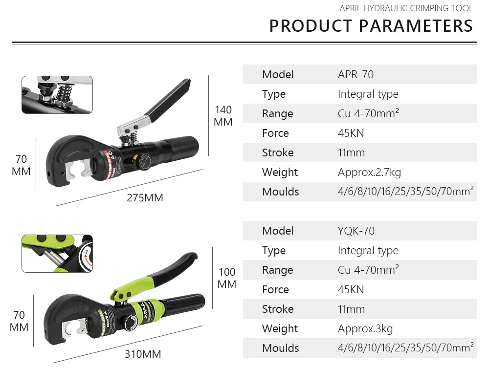 RUS Warehouse Strumento di crimpatura idraulico Pinze per crimpare terminali per cavi fai-da-te Strumenti di compressione idraulica Gamma YQK-70 4-70mm2